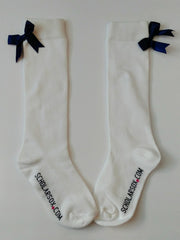 White knee-high socks with navy bows (2 pairs)