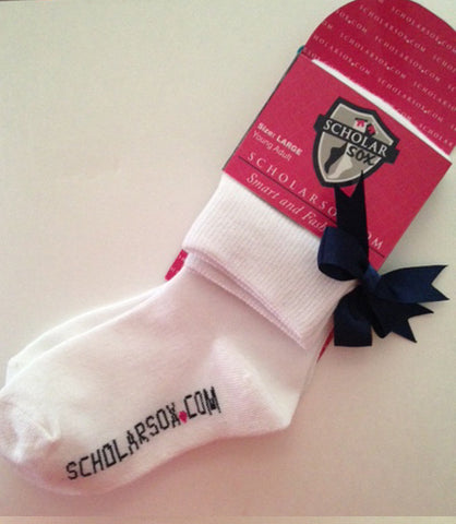 White knee-high socks with navy bows (2 pairs)